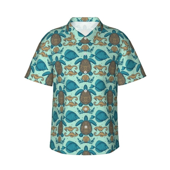 Haiem Turtles And Seahorses Printed Hawaiian Shirt for Men - Men’s Casual Beach Summer Shirts - Stretch Fabric with Modern Fit-Small