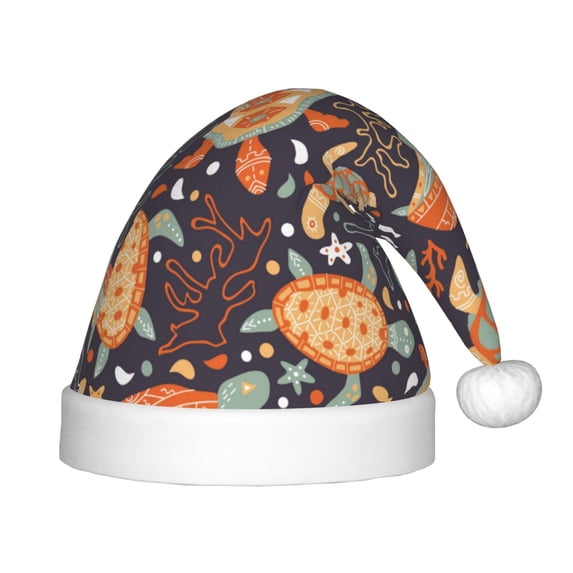Haiem Turtles and Sea Plants Pattern Santa Hat Confortable Velvet Christmas Hat for Christmas Party Favors Fit for Adults and Kids