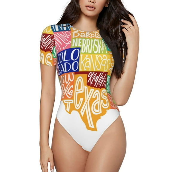 Haiem USA MAP Women's Crew Neck Short Sleeve Bodysuit Tops Stretchy Slim Basic-Small