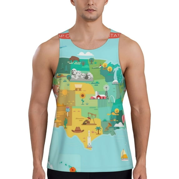Haiem USA Tourist Map Men Workout Tank Top Gym Bodybuilding Sleeveless Muscle T Shirts Athletic Tank Breathable Workout Shirt-Large
