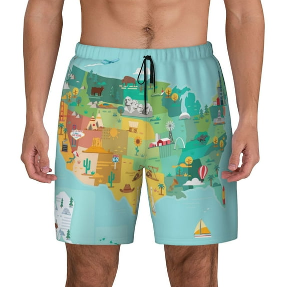 Haiem USA Tourist Map Mens Swim Trunks with Compression Liner 2 in 1 Swimming Shorts Stretch Swimwear Quick Dry,Board Shorts-Medium