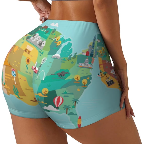 Haiem USA Tourist Map No Front Seam Biker Shorts for Women Yoga Workout Gym Bike Shorts with Tummy Control Moisture-Wicking-