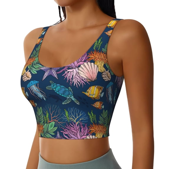 Haiem Undersea Animals Pattern Womens Sports Bra - U Neck Padded Low Impact Yoga Bra Workout Crop Top Gym Moisture-Wicking Workout Vest -XX-Large