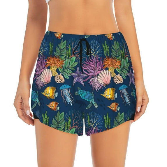 Haiem Undersea Animals Women's 2 in 1 Running Shorts - Lightweight Athletic Workout Gym Yoga Breathable Sports Shorts Liner with Phone Pockets-XX-Large