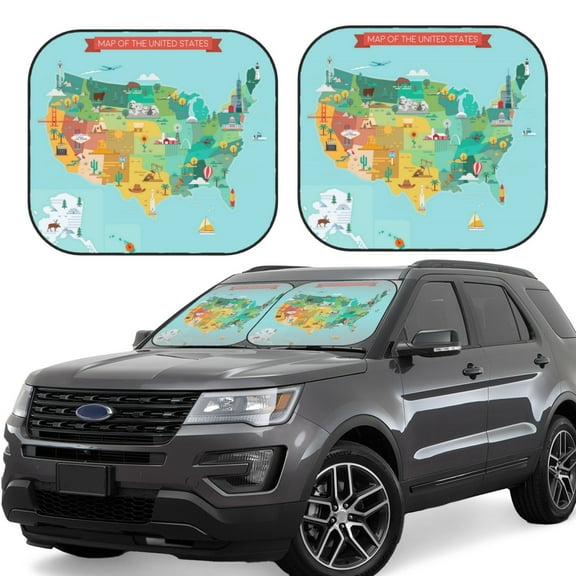 Haiem Usa Tourist Map Windshield Sun Shade: Universal Foldable 2-Piece Car Front Window Sunshade - Blocks Uv Rays, And Reduces Heat,Essential Car Accessory Small