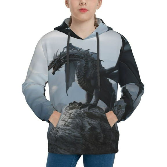 Haiem Valley Gray Dragon Pattern Boys Hoodie, Youth Pullover Hooded Sweatshirt, Kangaroo Pocket Hoodie for Kids Girls -Medium