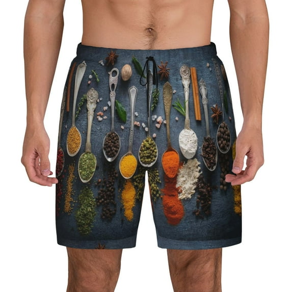 Haiem Various Herbs And Spices In Spoons Mens Swim Trunks with Compression Liner 2 in 1 Swimming Shorts Stretch Swimwear Quick Dry,Board Shorts-Large