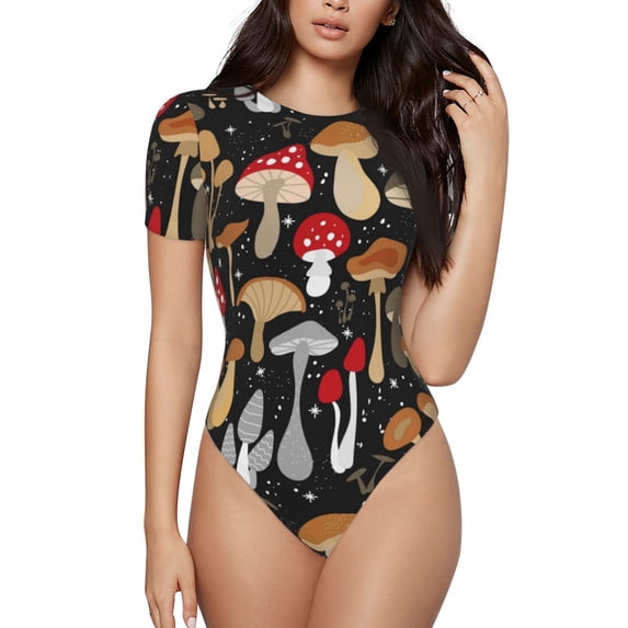 Haiem Various Mushrooms Women's Crew Neck Short Sleeve Bodysuit Tops Stretchy Slim Basic-Medium