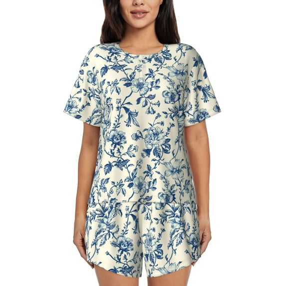 Haiem Vintage Blue Floral Pattern Pajama Set for Women 2 Piece Lounge Set Short Sleeve Tops and Shorts Soft Sleepwear-4X-Large