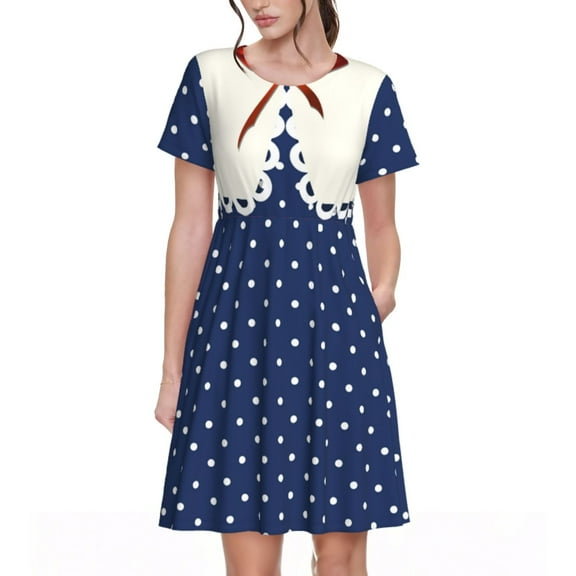 Haiem Vintage Blue Polka-dot Pattern Women's Short-Sleeve Scoop Neck Swing Dress