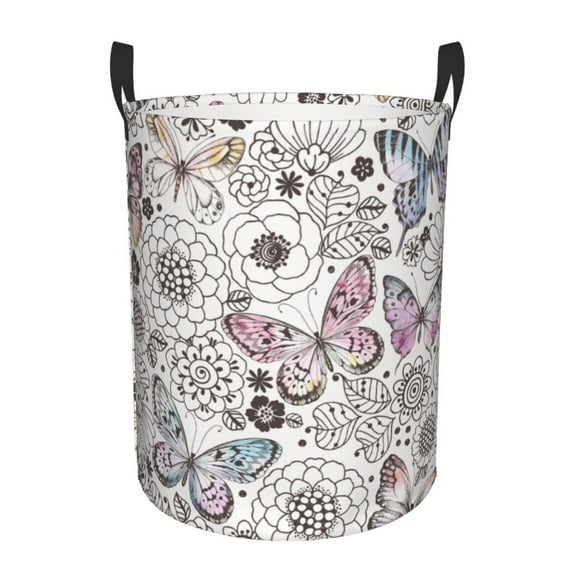 Haiem Vintage Butterflies Leather Dirty Clothes Laundry Basket,Sturdy & Waterproof,Collapsible Round Design For Efficient Space Management,Multi-Purpose Storage Basket