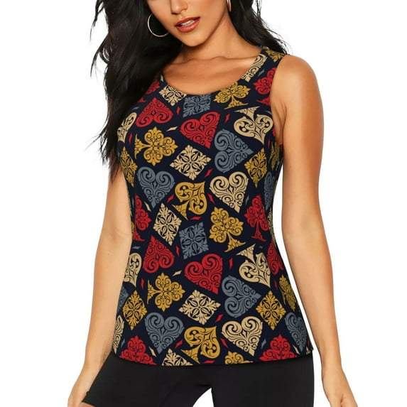 Haiem Vintage Card Printed Women's Workout Tank Top, Quick-Dry Sleeveless Gym Shirt, Breathable Lightweight Athletic Top for Running, Yoga, and Casual Wear-Medium