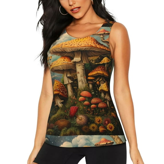 Haiem Vintage Cloud Mushroom Printed Women's Workout Tank Top, Quick-Dry Sleeveless Gym Shirt, Breathable Lightweight Athletic Top for Running, Yoga, and Casual Wear-Medium