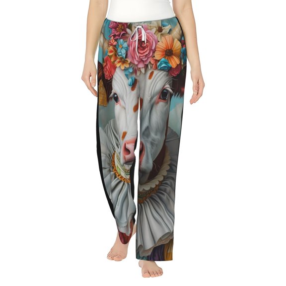 Haiem Vintage Colorful Floral Cow Women's Pajama Pants Ultra Lightweight Pjs Bottoms Sleepwear Bottom Pants With Pocket Drawstring-Large