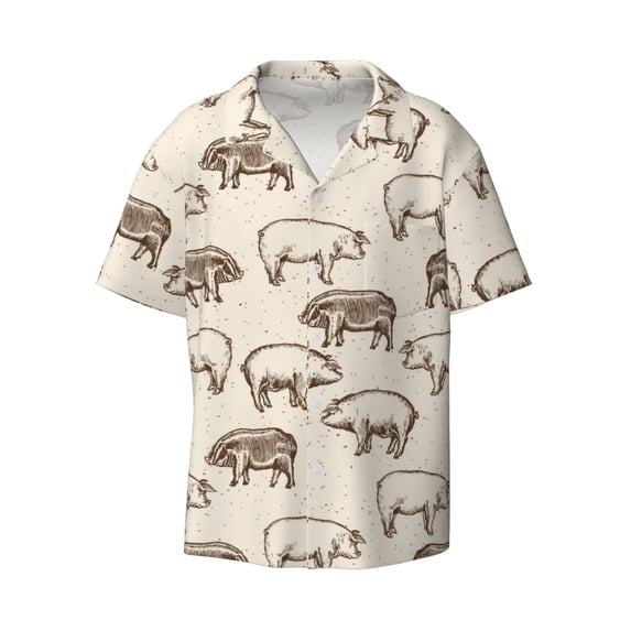 Haiem Vintage Farm Pigs Men's Casual Shirts Short Sleeve Button Down Shirts Fashion Textured Summer Beach Shirt-3X-Large