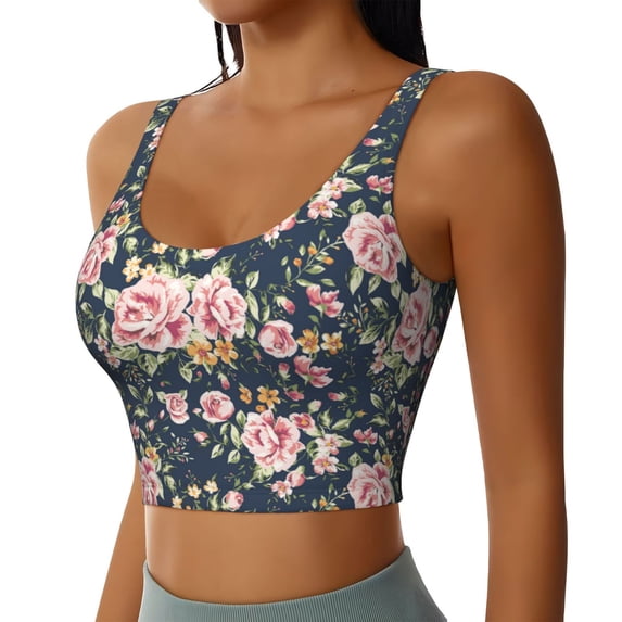 Haiem Vintage Floral Pattern Womens Sports Bra - U Neck Padded Low Impact Yoga Bra Workout Crop Top Gym Moisture-Wicking Workout Vest -Medium