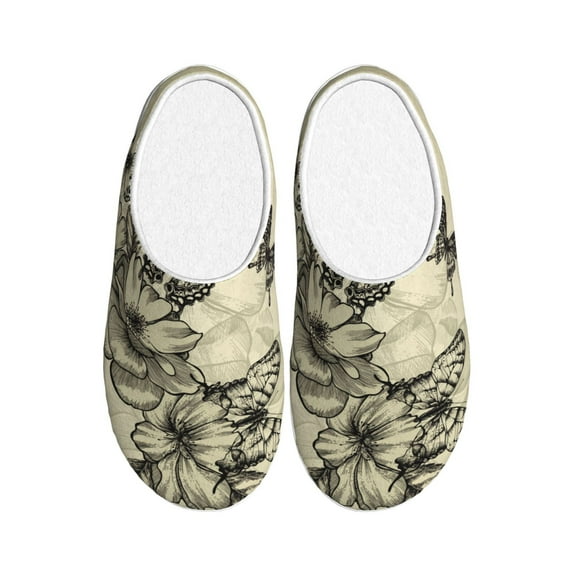 Haiem Vintage Floral Print Women's Fuzzy Memory Foam House Slipper Cozy Home Footwear Non-slip Winter Slippers-39/40