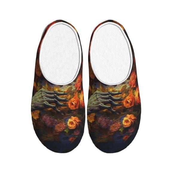 Haiem Vintage Floral Skull Print Women's Fuzzy Memory Foam House Slipper Cozy Home Footwear Non-slip Winter Slippers-37/38