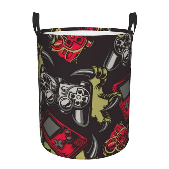 Haiem Vintage Gaming Leather Dirty Clothes Laundry Basket,Sturdy & Waterproof,Collapsible Round Design For Efficient Space Management,Multi-Purpose Storage Basket