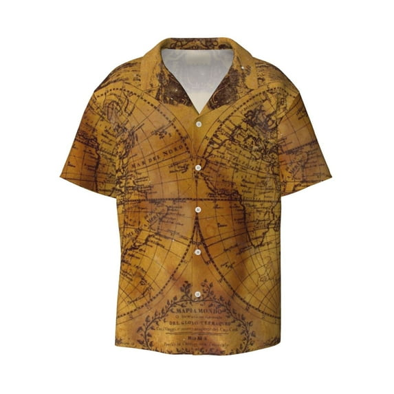 Haiem Vintage Map Men's Casual Shirts Short Sleeve Button Down Shirts Fashion Textured Summer Beach Shirt-3X-Large