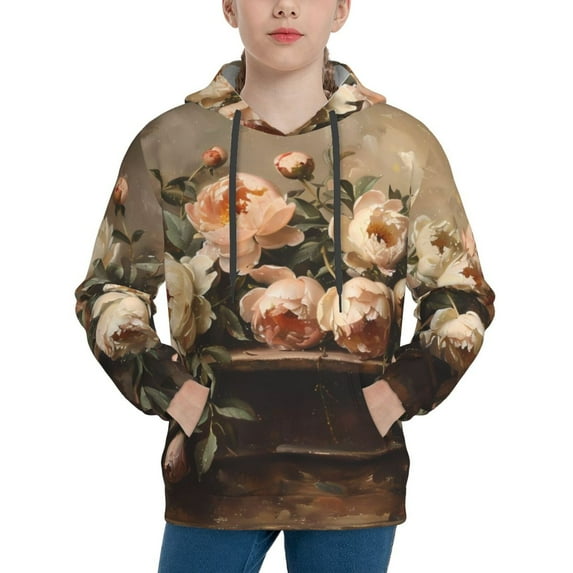 Haiem Vintage Peonies Rustic Charm Pattern Boys Hoodie, Youth Pullover Hooded Sweatshirt, Kangaroo Pocket Hoodie for Kids Girls -Medium