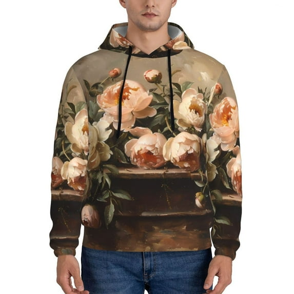 Haiem Vintage Peonies Rustic Charm Patterned Men's Hoodie with Kangaroo Pocket - Ideal Pullover Sweatshirt for Daily Wear, Travel, and Home-Medium