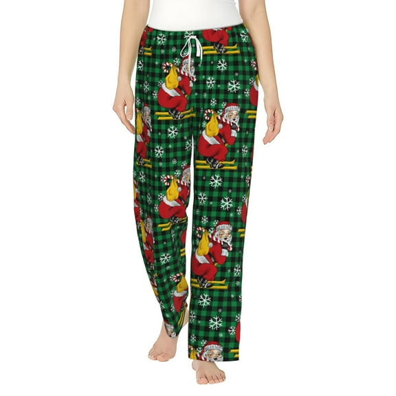Haiem Vintage Santa Skiing Green Plaid Women's Pajama Pants Ultra Lightweight Pjs Bottoms Sleepwear Bottom Pants With Pocket Drawstring-Medium
