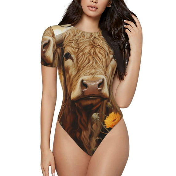 Haiem Vintage Sunflower Cow Women's Crew Neck Short Sleeve Bodysuit Tops Stretchy Slim Basic-Large