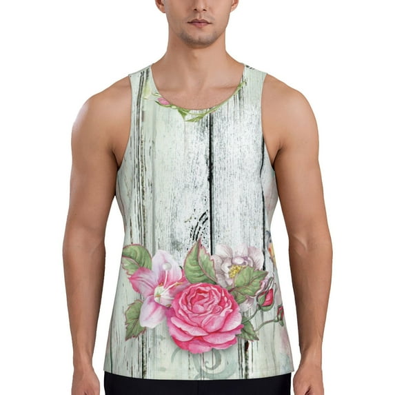 Haiem Vintage Wood with Floral Men Workout Tank Top Gym Bodybuilding Sleeveless Muscle T Shirts Athletic Tank Breathable Workout Shirt-Large