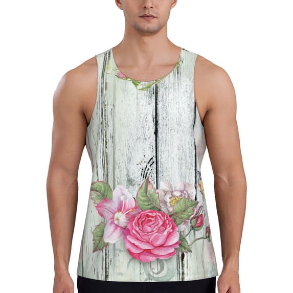 Haiem Vintage Wood with Floral Men Workout Tank Top Gym Bodybuilding Sleeveless Muscle T Shirts Athletic Tank Breathable Workout Shirt-Small