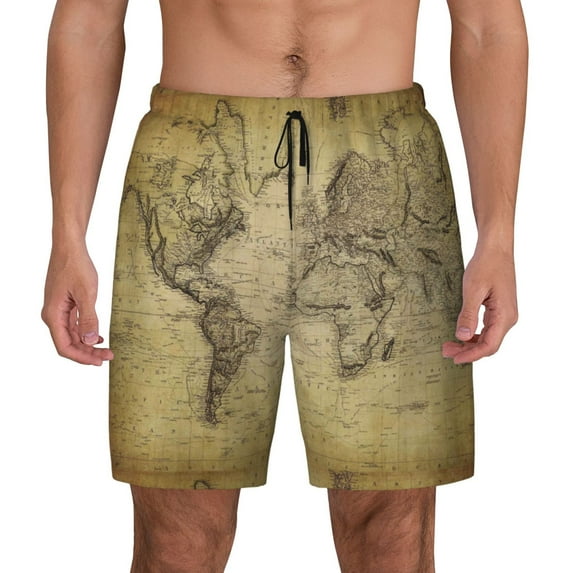 Haiem Vintage World Map Mens Swim Trunks with Compression Liner 2 in 1 Swimming Shorts Stretch Swimwear Quick Dry,Board Shorts-Small
