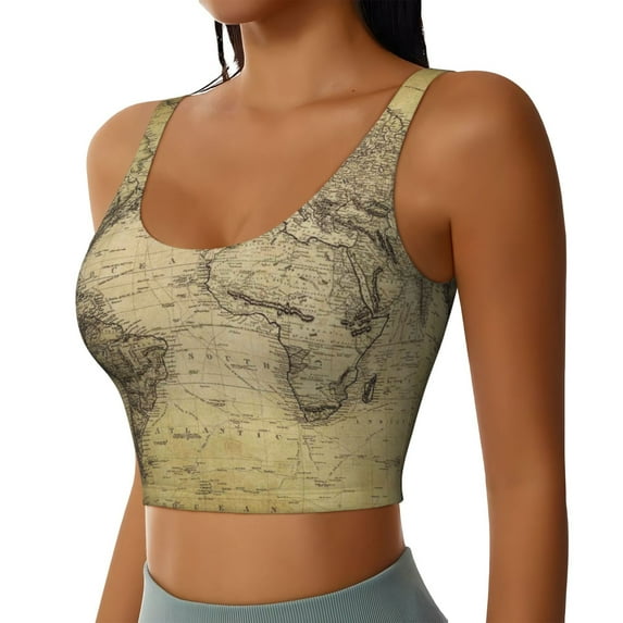 Haiem Vintage World Map Pattern Womens Sports Bra - U Neck Padded Low Impact Yoga Bra Workout Crop Top Gym Moisture-Wicking Workout Vest -Small