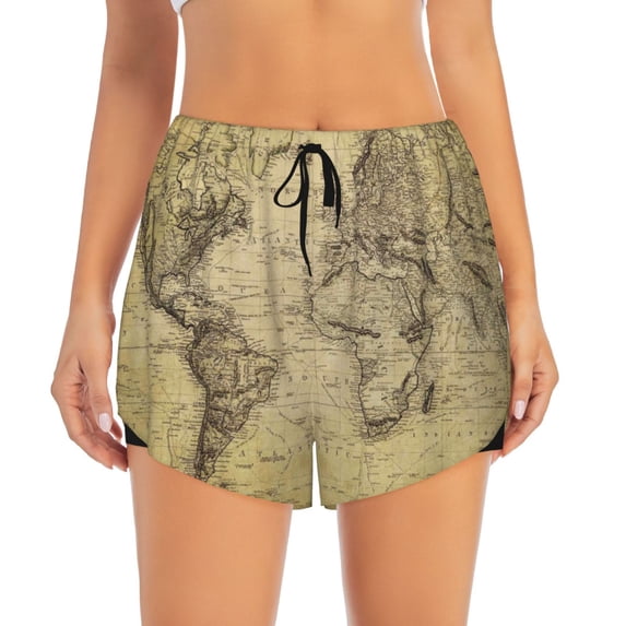 Haiem Vintage World Map Women's 2 in 1 Running Shorts - Lightweight Athletic Workout Gym Yoga Breathable Sports Shorts Liner with Phone Pockets-Large