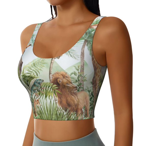 Haiem Watercolor African Animals Wildlife Pattern Womens Sports Bra - U Neck Padded Low Impact Yoga Bra Workout Crop Top Gym Moisture-Wicking Workout Vest -