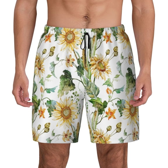 Haiem Watercolor Bright Sunflowers Mens Swim Trunks with Compression Liner 2 in 1 Swimming Shorts Stretch Swimwear Quick Dry,Board Shorts-Small