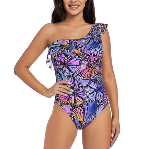 Haiem Watercolor Butterflies Women's One Piece Swimsuits Tummy Control One Shoulder Bathing Suits Ruffle Swimwear-X-Large