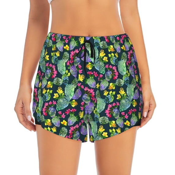 Haiem Watercolor Cactuses Women's 2 in 1 Running Shorts - Lightweight Athletic Workout Gym Yoga Breathable Sports Shorts Liner with Phone Pockets-Large