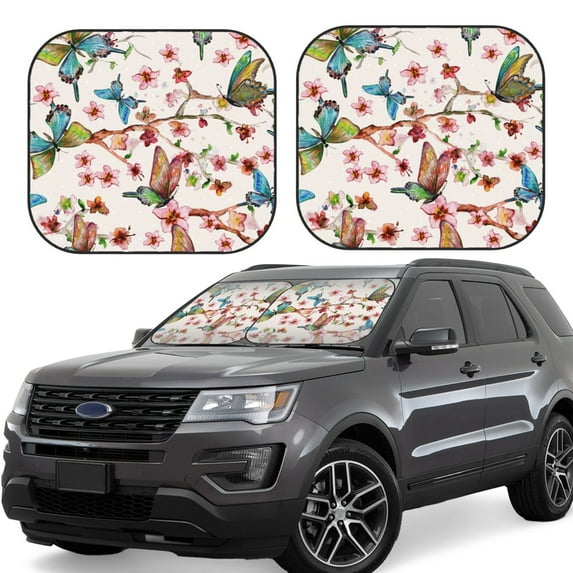 Haiem Watercolor Floral With Butterflies Car Windshield Sun Shade (2 Pieces) Foldable Windshield Sun Shade Car Accessories for Truck SUV Pickup-Large