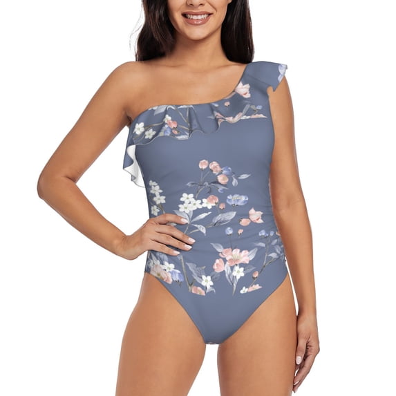 Haiem Watercolor Flowers Butterfly Women's One Piece Swimsuits Tummy Control One Shoulder Bathing Suits Ruffle Swimwear-X-Large