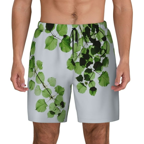 Haiem Watercolor Green Leaves Mens Swim Trunks with Compression Liner 2 in 1 Swimming Shorts Stretch Swimwear Quick Dry,Board Shorts-Large