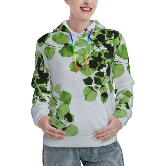 Haiem Watercolor Green Leaves for Women's Fashion Hoodies & Sweatshirts with Kangaroo Pocket,Hooded Sweatshirt with Eye-catching Drawstrings-X-Large