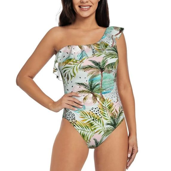Haiem Watercolor Palm Tree Women's One Piece Swimsuits Tummy Control One Shoulder Bathing Suits Ruffle Swimwear-XX-Large