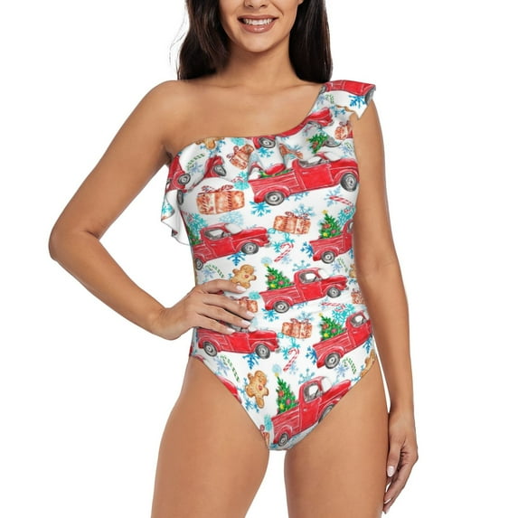 Haiem Watercolor Red Truck And Fir Tree Women's One Piece Swimsuits Tummy Control One Shoulder Bathing Suits Ruffle Swimwear-Medium