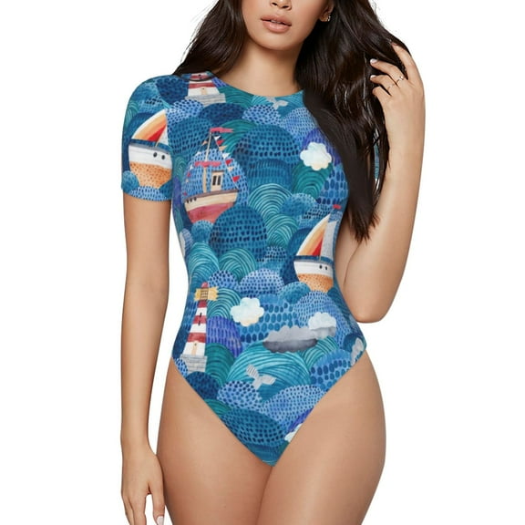 Haiem Watercolor Ships Women's Crew Neck Short Sleeve Bodysuit Tops Stretchy Slim Basic-X-Large