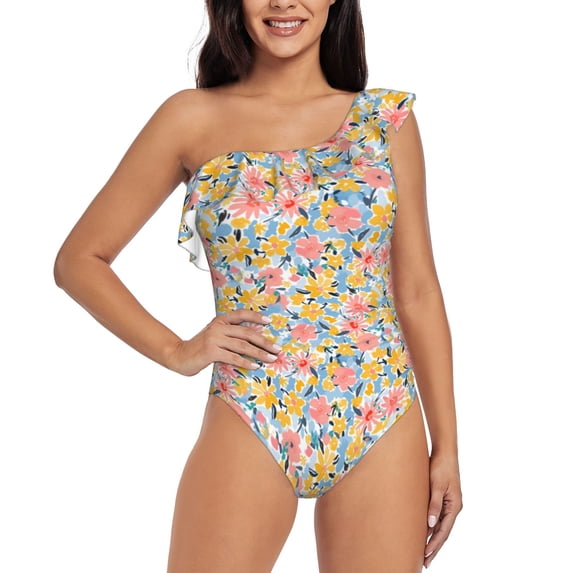 Haiem Watercolor Wildflowers Women's One Piece Swimsuits Tummy Control One Shoulder Bathing Suits Ruffle Swimwear-XX-Large