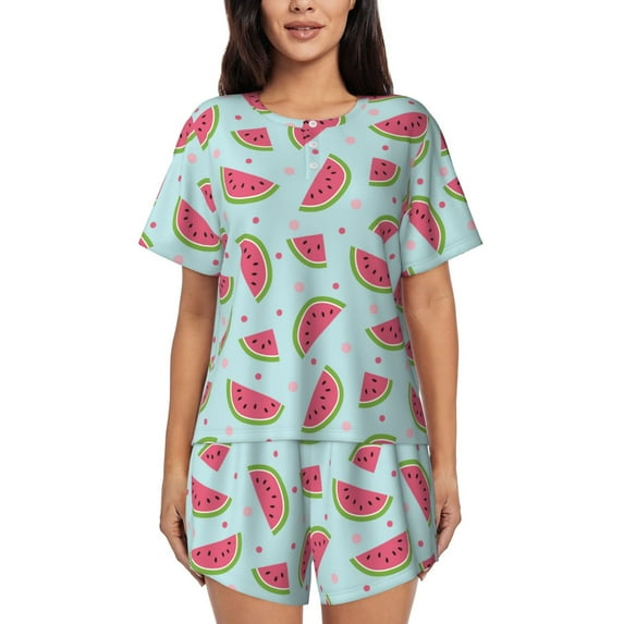 Haiem Watermelon Pattern Pajama Set for Women 2 Piece Lounge Set Short Sleeve Tops and Shorts Soft Sleepwear-Medium