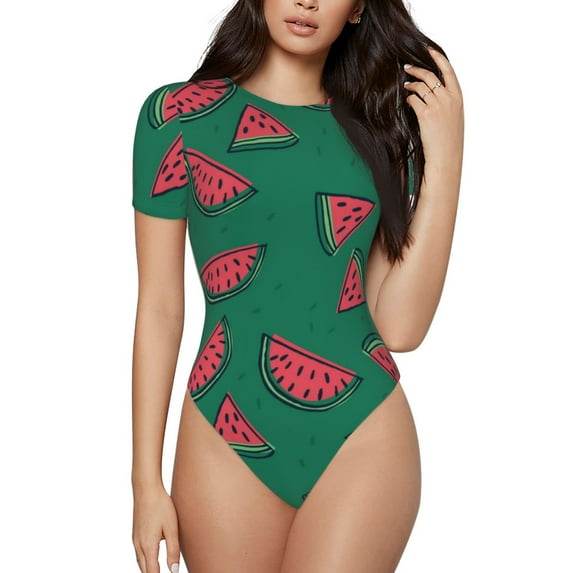 Haiem Watermelon Women's Crew Neck Short Sleeve Bodysuit Tops Stretchy Slim Basic-Small