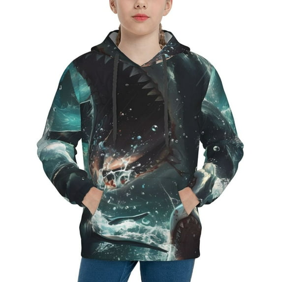 Haiem Wave Ocean Animal Shark Pattern Boys Hoodie, Youth Pullover Hooded Sweatshirt, Kangaroo Pocket Hoodie for Kids Girls -Large