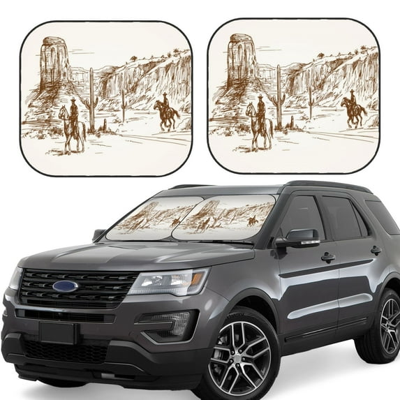 Haiem Western Desert Cowboys Windshield Sun Shade: Universal Foldable 2-Piece Car Front Window Sunshade - Blocks Uv Rays, And Reduces Heat,Essential Car Accessory Large
