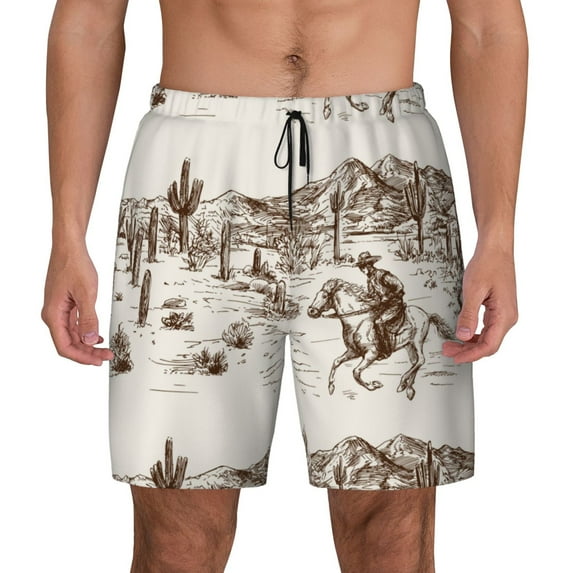 Haiem Western Desert Cowboys3 Mens Swim Trunks with Compression Liner 2 in 1 Swimming Shorts Stretch Swimwear Quick Dry,Board Shorts-3X-Large